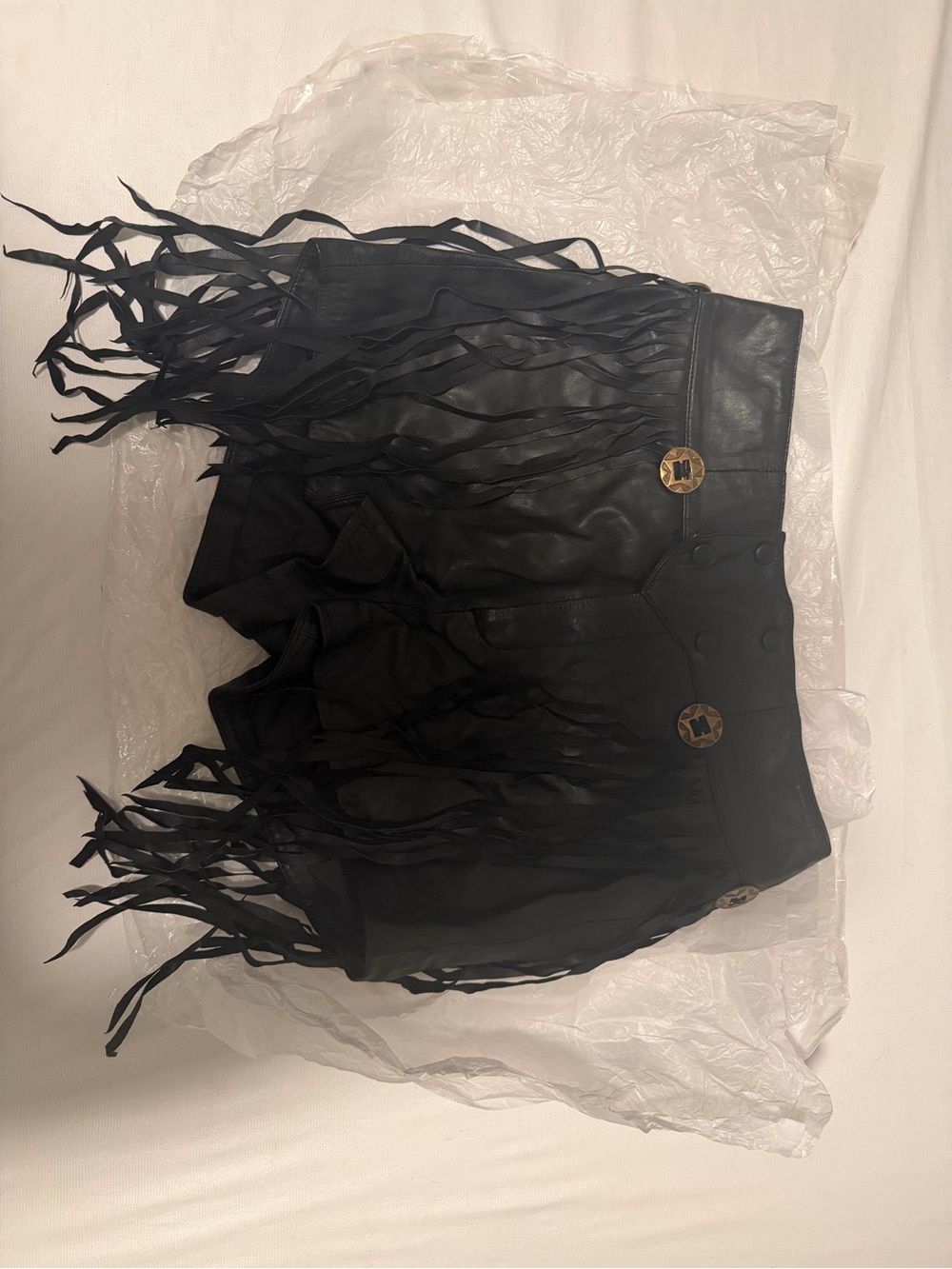 Nasty Gal Black Real Leather Shorts with Fringe and Concho Detail
